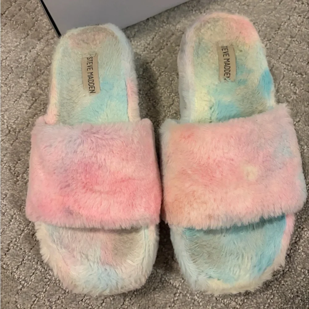 Steve Madden Multicolor Pastel or “Fabfuzz” Faux Fur Slides